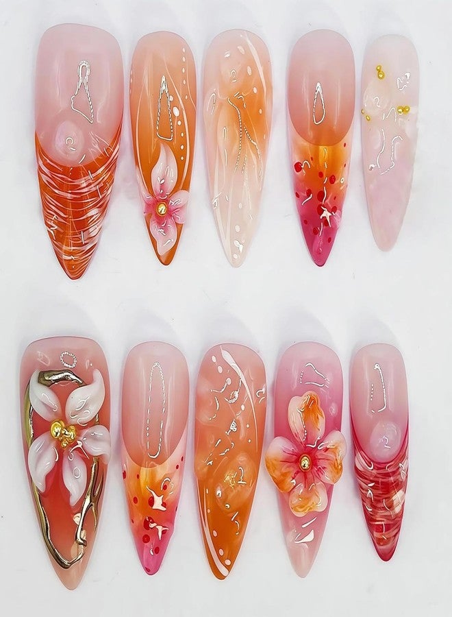 Sevgob Handmade Press on Nails Medium Almond Fake Nails with 3D Flower Design Water Ripple Glue on Nails Glossy Fall Nail Reusable Summer False Nail for Women Girls Manicure 24pcs - Image 1